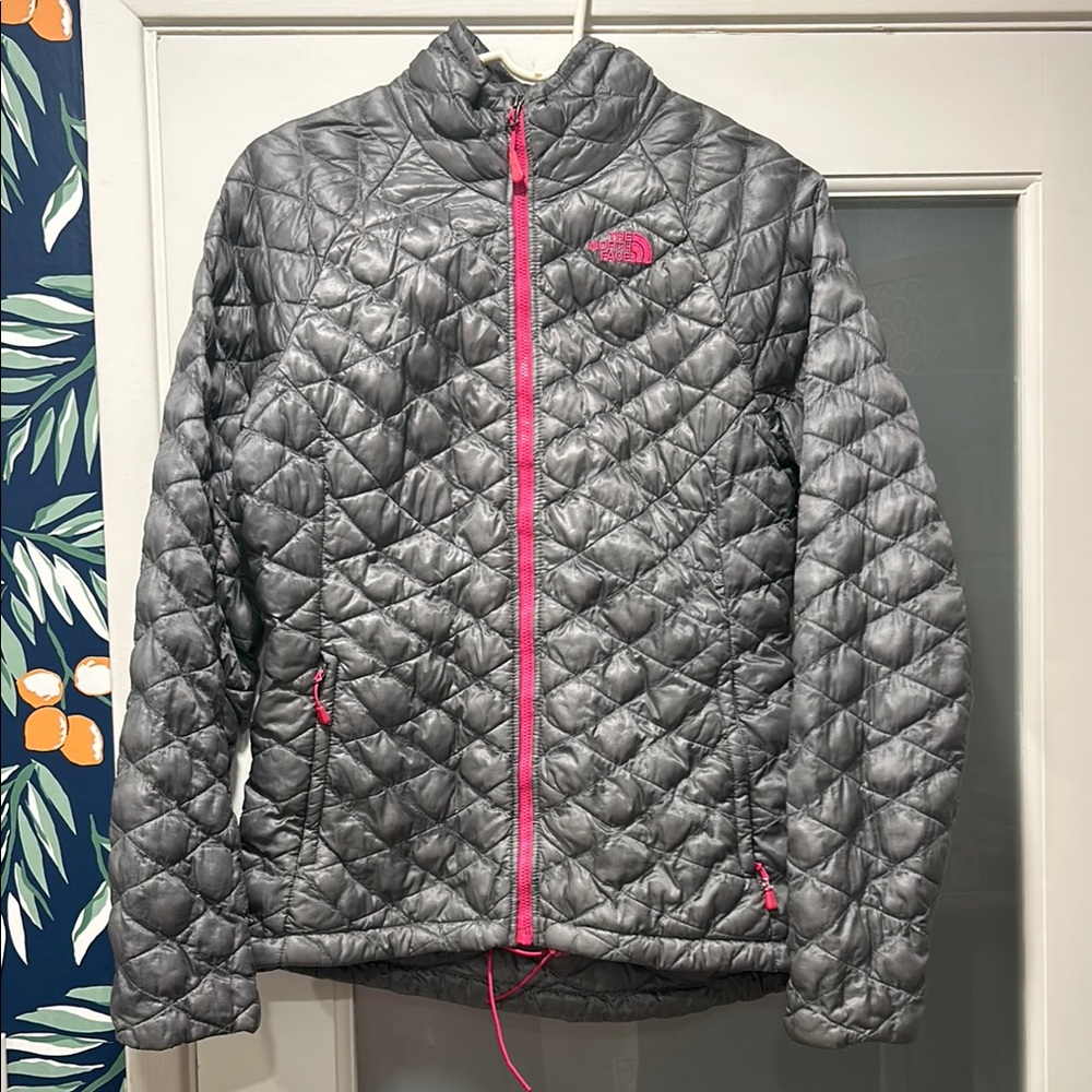 The North Face Gray Puffer Jacket with Pink Accents